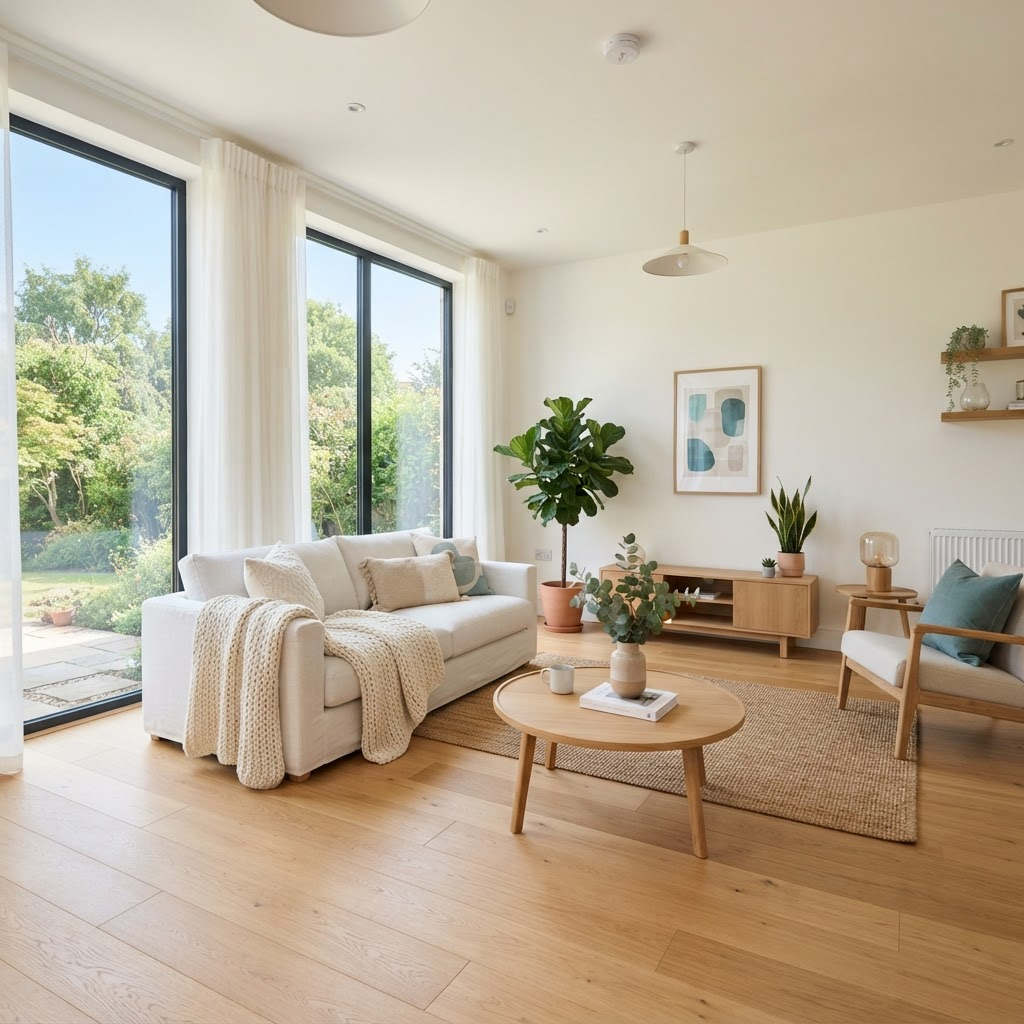 Modern, sparkling living room after a professional cleaning